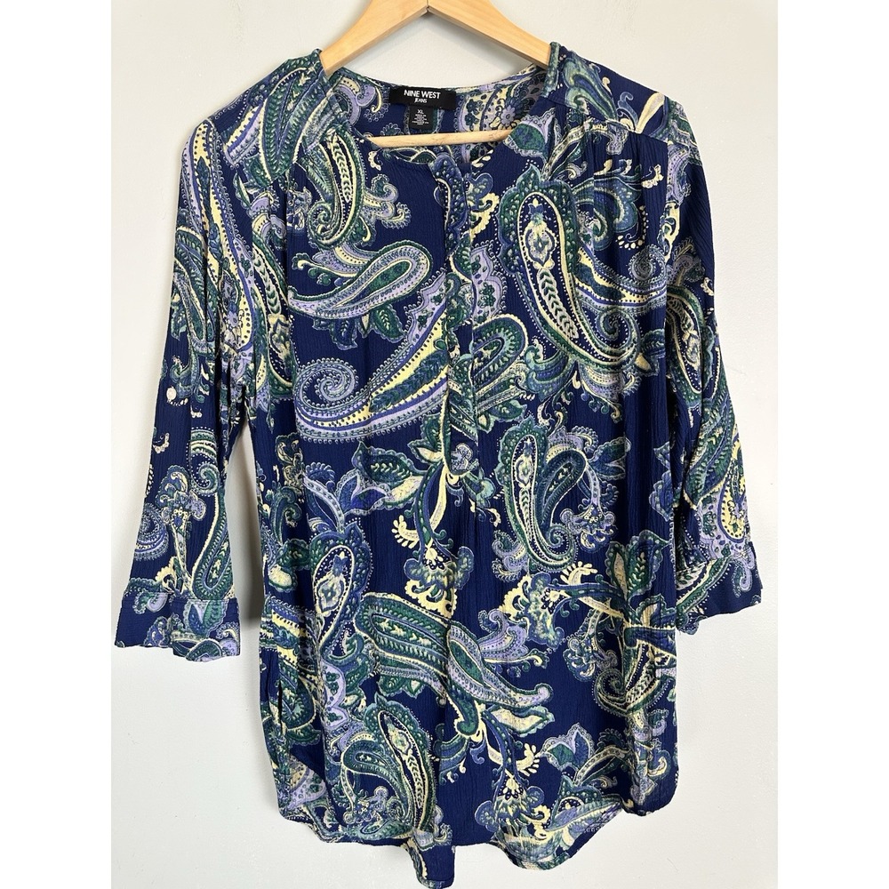 Nine West Jeans Women's Roll Tab 3/4 Sleeve 1/4 Button Paisley Print Top Size XL